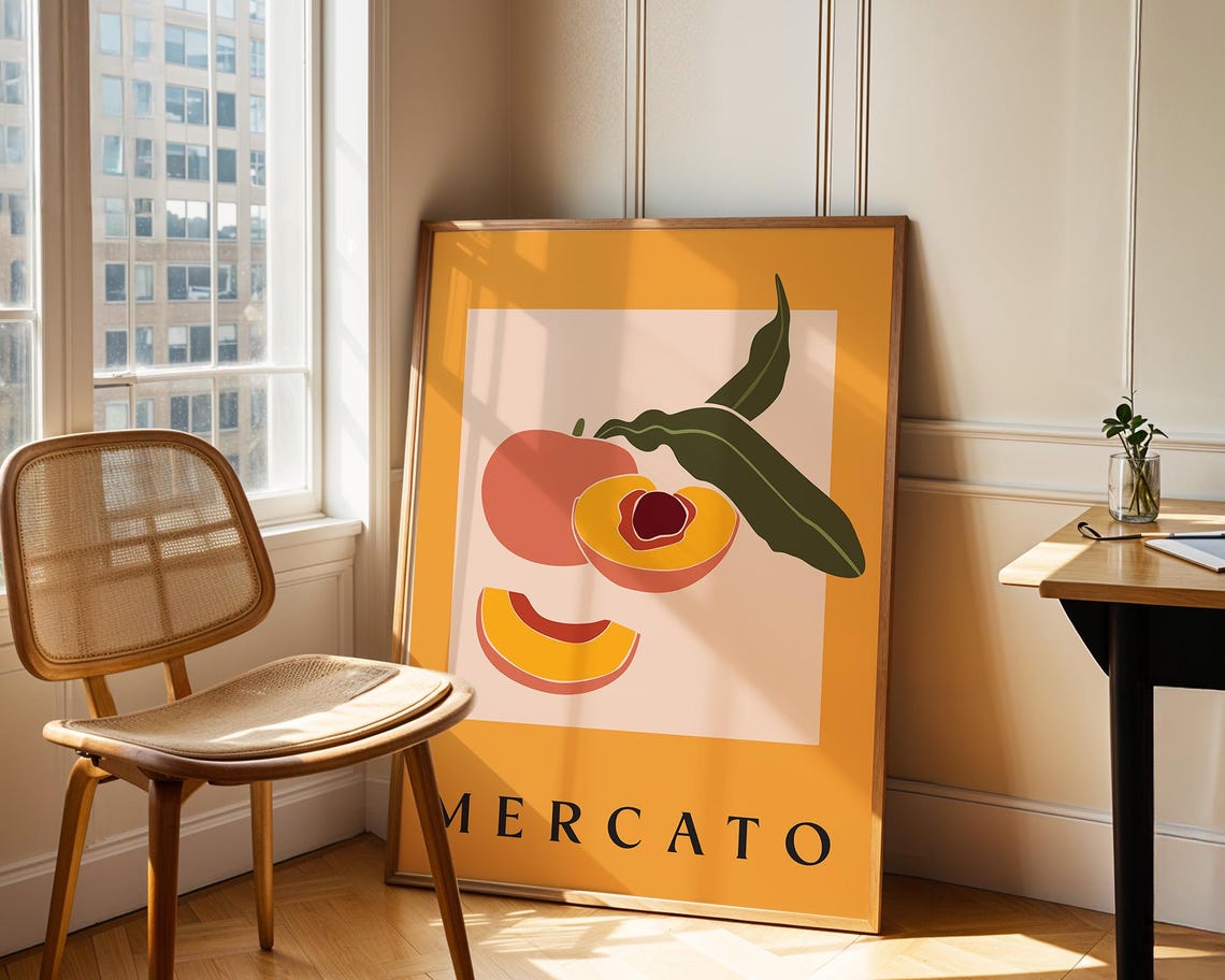 Mercato Peach Retro Italian Market Fruit Kitchen Typography Poster