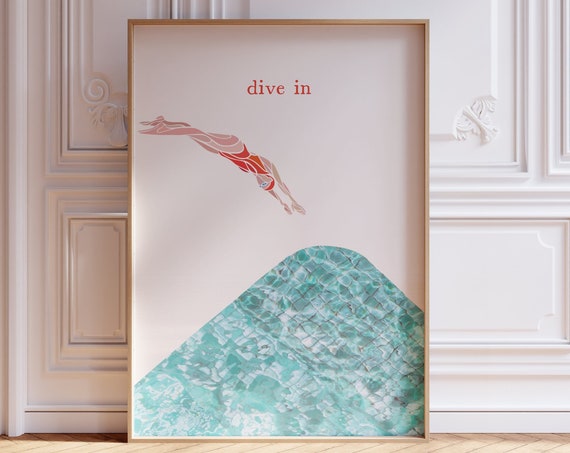 Dive In Wall Art Print Retro Diver Poster Swimmer Wall Art Motivational Gift