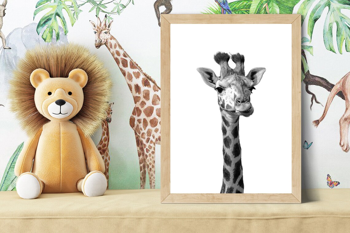 Baby Giraffe Head Portrait in Black and White Nursery Poster