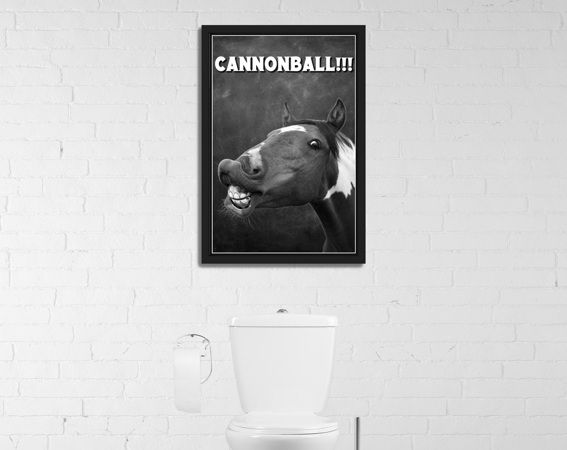 Black And White Laughing Horse Selfie Cannonball Funny Bathroom Poster