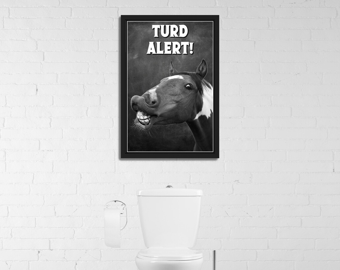 Black And White Laughing Horse Selfie Turd Alert Funny Bathroom Poster