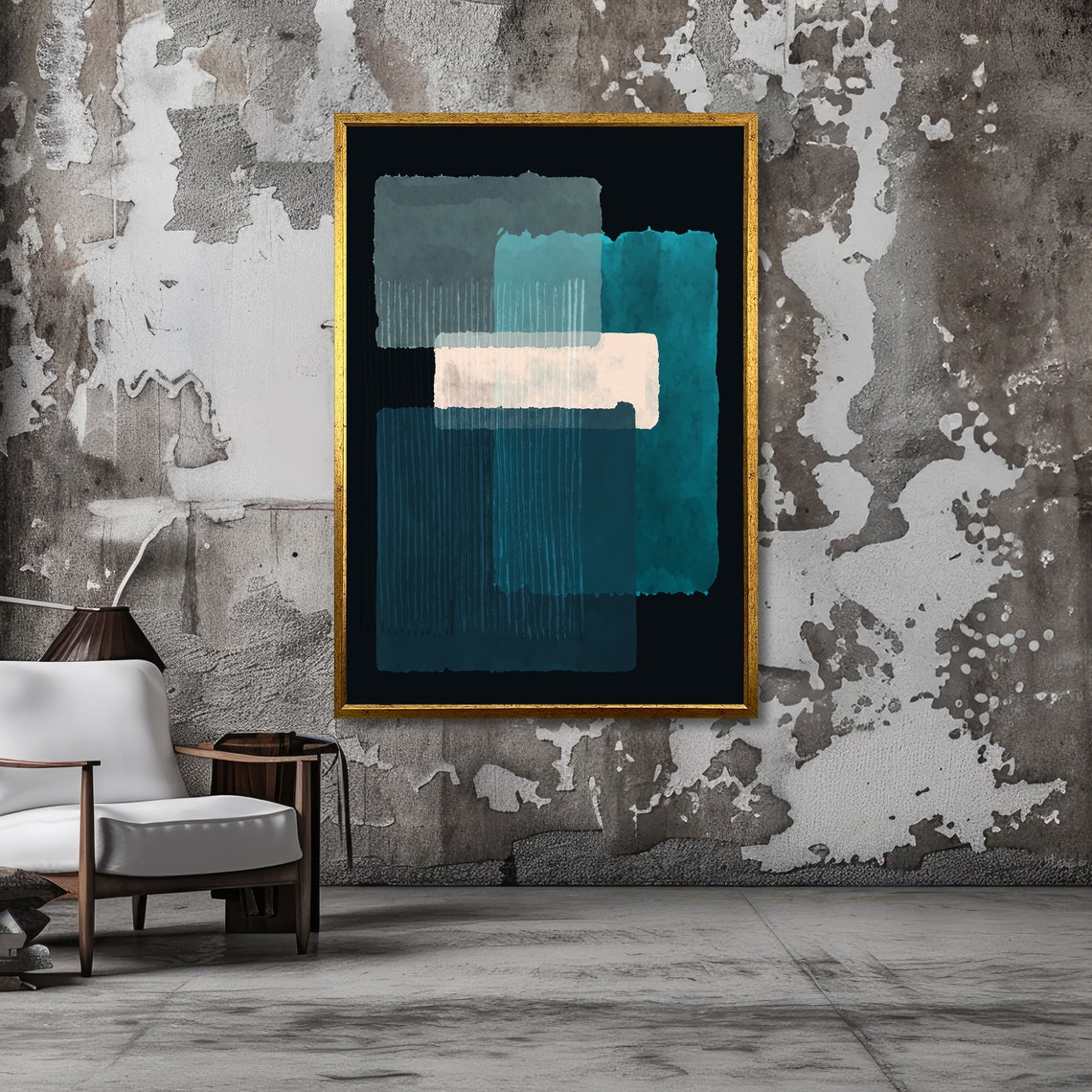 Abstract Teal and White Brushstroke Blocks on Black Modern Art Poster - Image 3