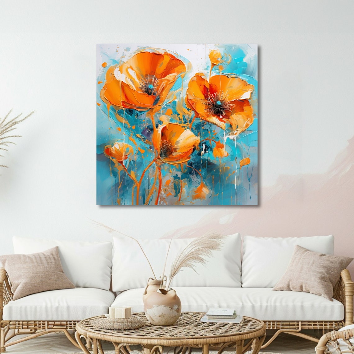 Orange Poppies On Turquoise Background Modern Bold Floral Poster - Image 2