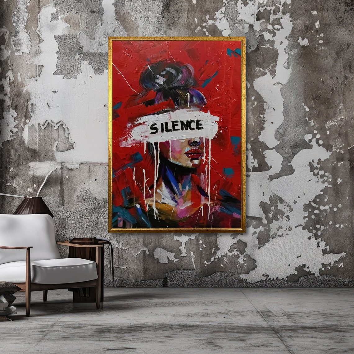 Silence Abstract Portrait Bold Red Modern Wall Art Powerful Expression Ready To Hang - Image 3