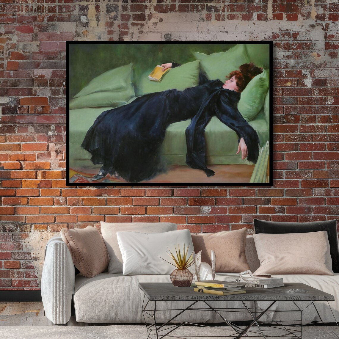 Boldini Repose Woman in Black Reclining on Green Sofa Art Poster - Image 4