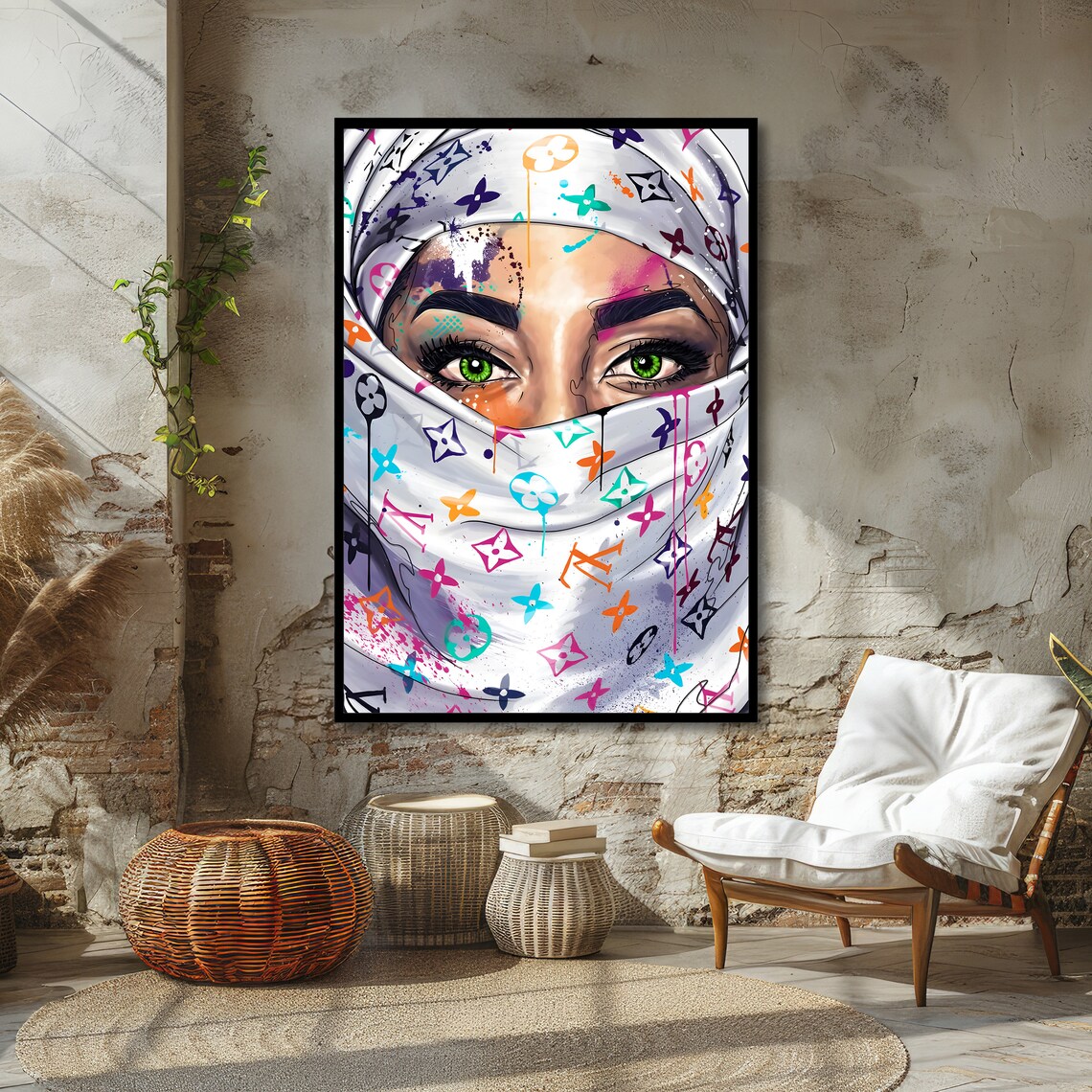 Woman in Colorful Patterned Hijab Vibrant Portrait Art Poster - Image 4