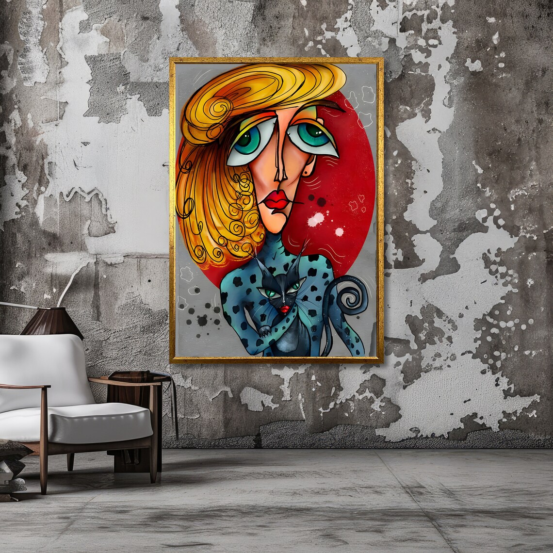 Abstract Cubist Woman With Black Cat Golden Hair Bold Art Poster - Image 3