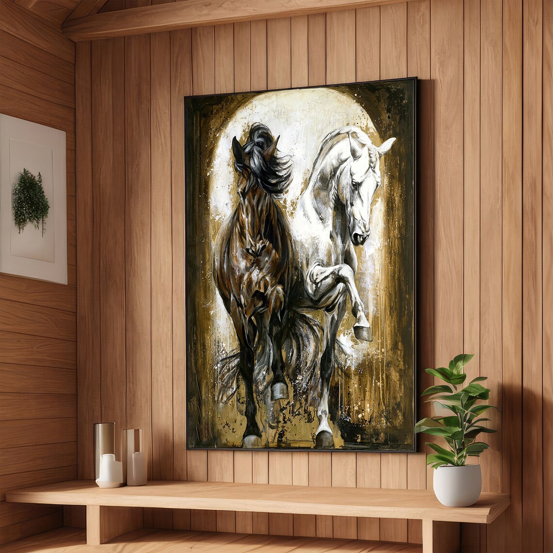 Black and White Horses Duo Beneath a Glowing Golden Arch Art Poster