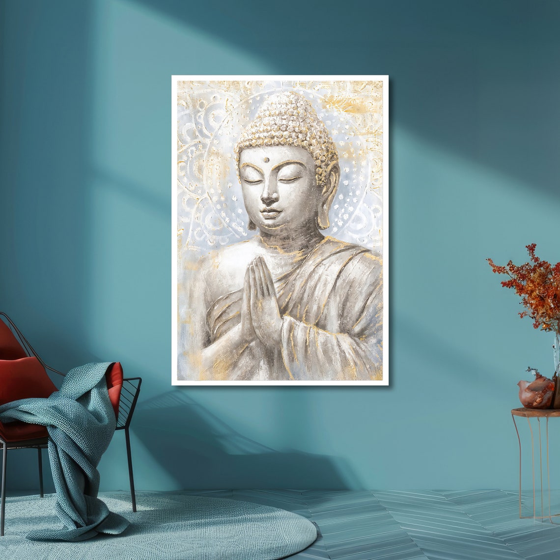 Serene Praying Buddha White Gold Mandala Spiritual Calm Poster - Image 4