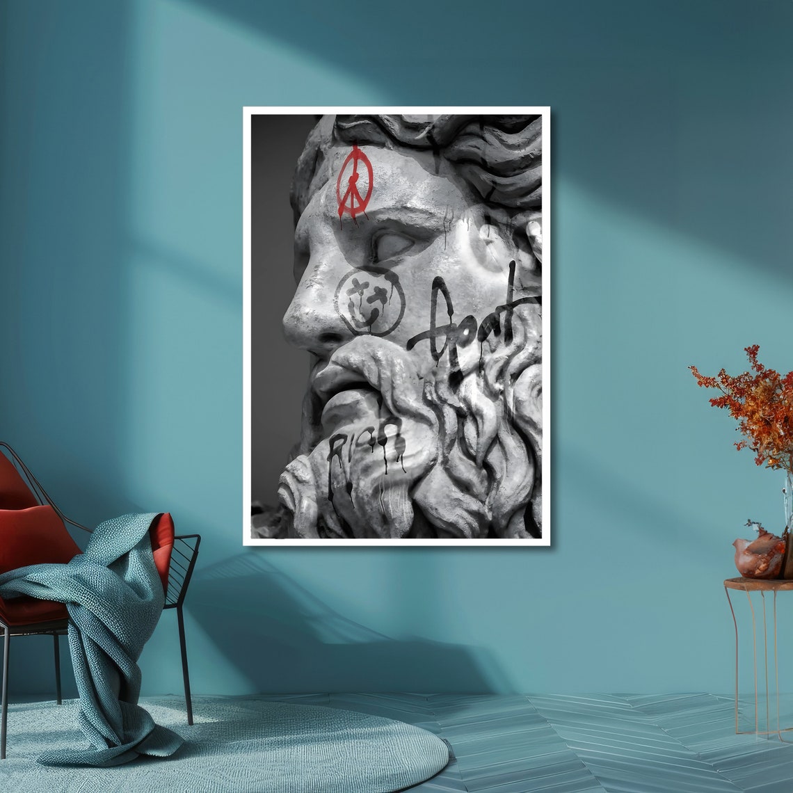 Graffiti Zeus Statue Head with Red Peace Sign Urban Street Art Poster - Image 6