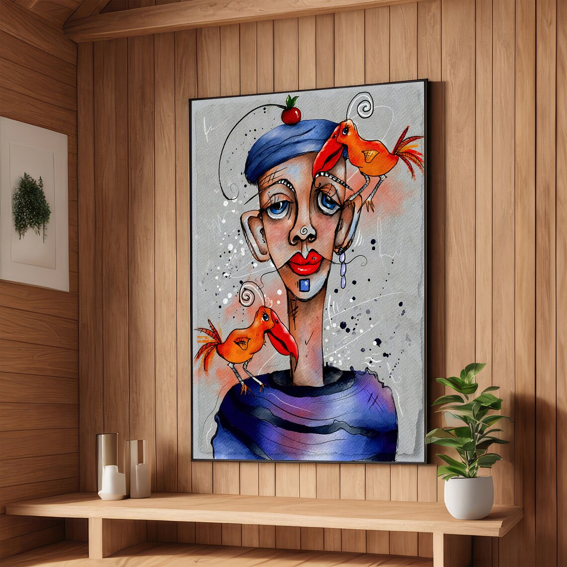 Whimsical Woman in Blue Hat with Cherry and Orange Birds Art Poster