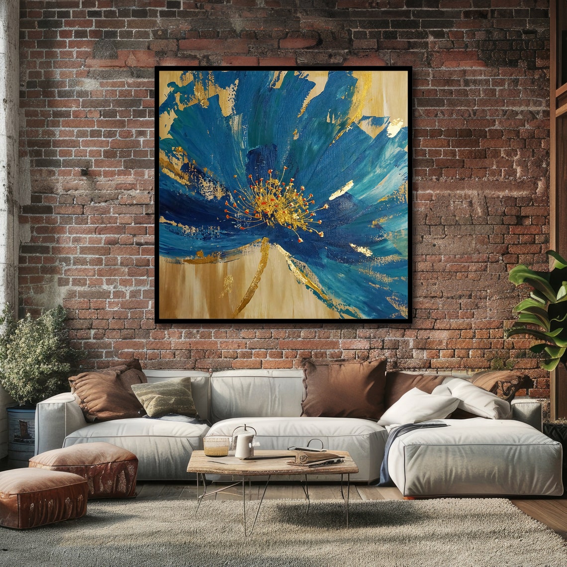 Bold Blue Blossom With Gold Leaf Abstract Floral Painting Art Poster - Image 4