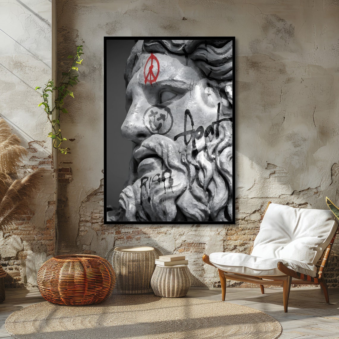 Graffiti Zeus Statue Head with Red Peace Sign Urban Street Art Poster - Image 4