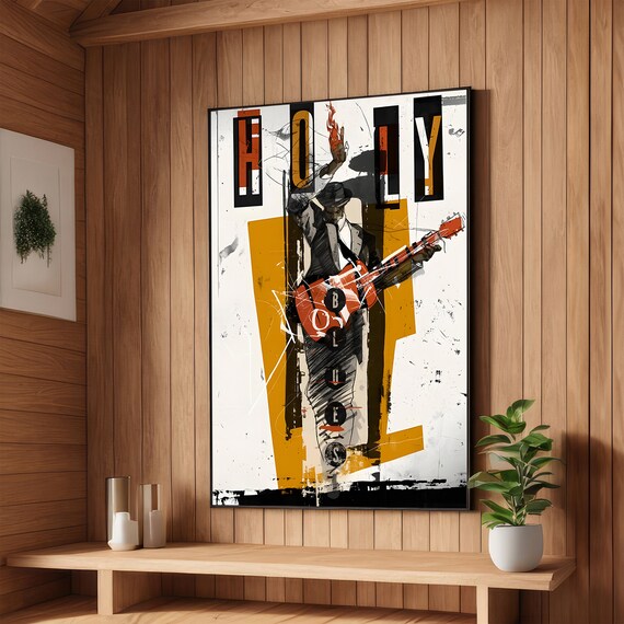Holly Blues Graphic Music Poster Retro Guitar Player Art Deco Style