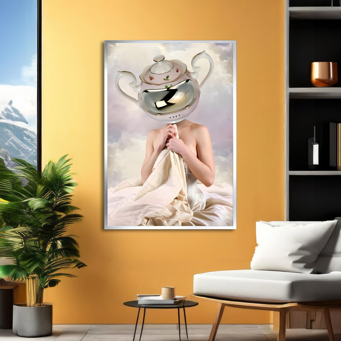 Vintage Lady With Teapot Helmet Surreal Wall Art Whimsical Art Print Ready To Hang Decor - Image 2