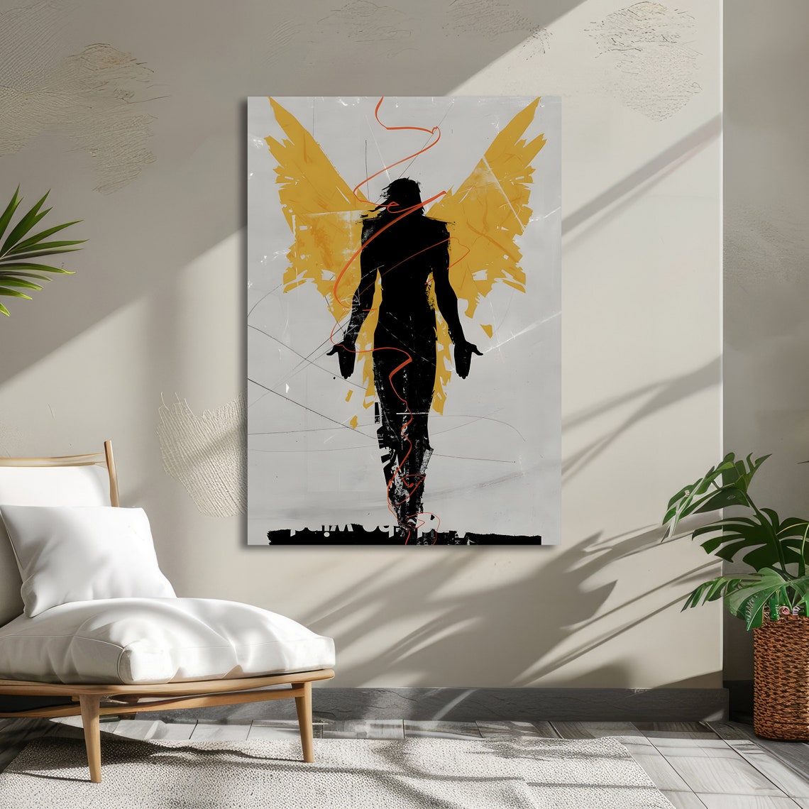Black Angel Silhouette Golden Yellow Wings Abstract Minimal Poster - Image 5
