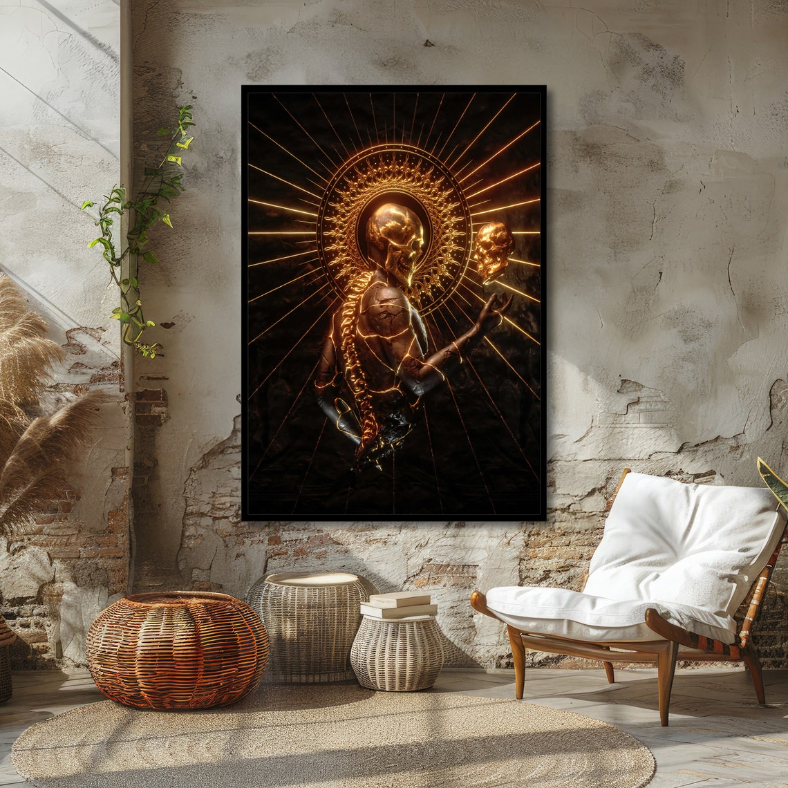 Radiant Golden Skeleton King Art Illuminated Skull Sculpture Surreal Gothic Wall Art Ready To Hang - Image 3