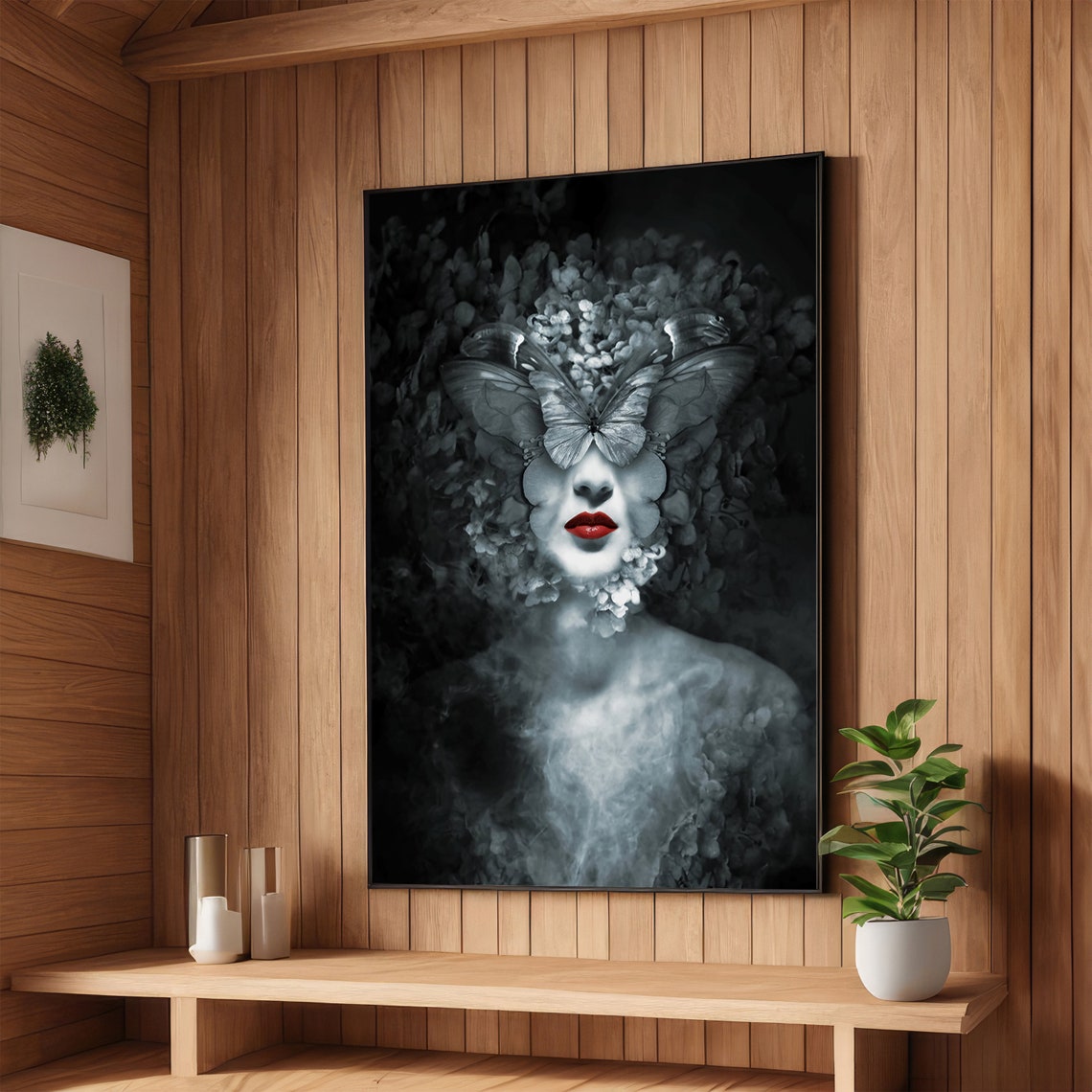 Enigmatic Butterfly Woman Dark Fantasy Wall Art Surreal Butterfly Portrait Mysterious Wall Decor Ready To Hang