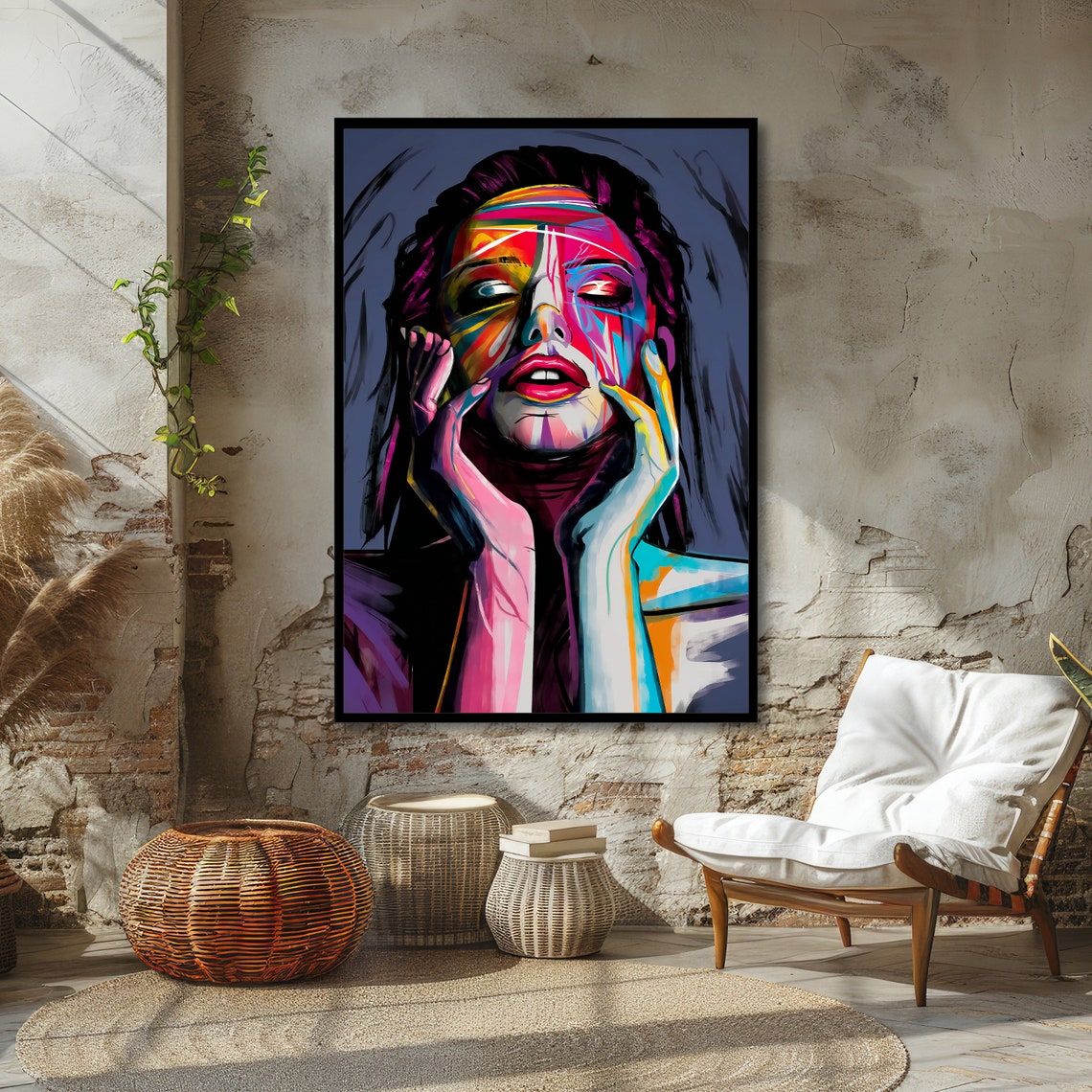 Colorful Abstract Woman Portrait Neon Expressionist Art Poster - Image 4