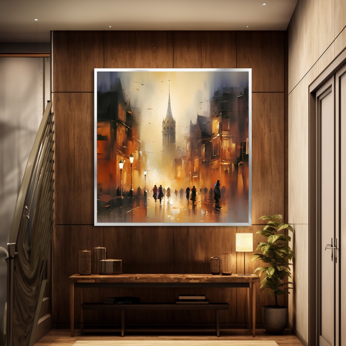 Golden City Street At Dusk Glowing Lamplights Impressionist Poster - Image 3