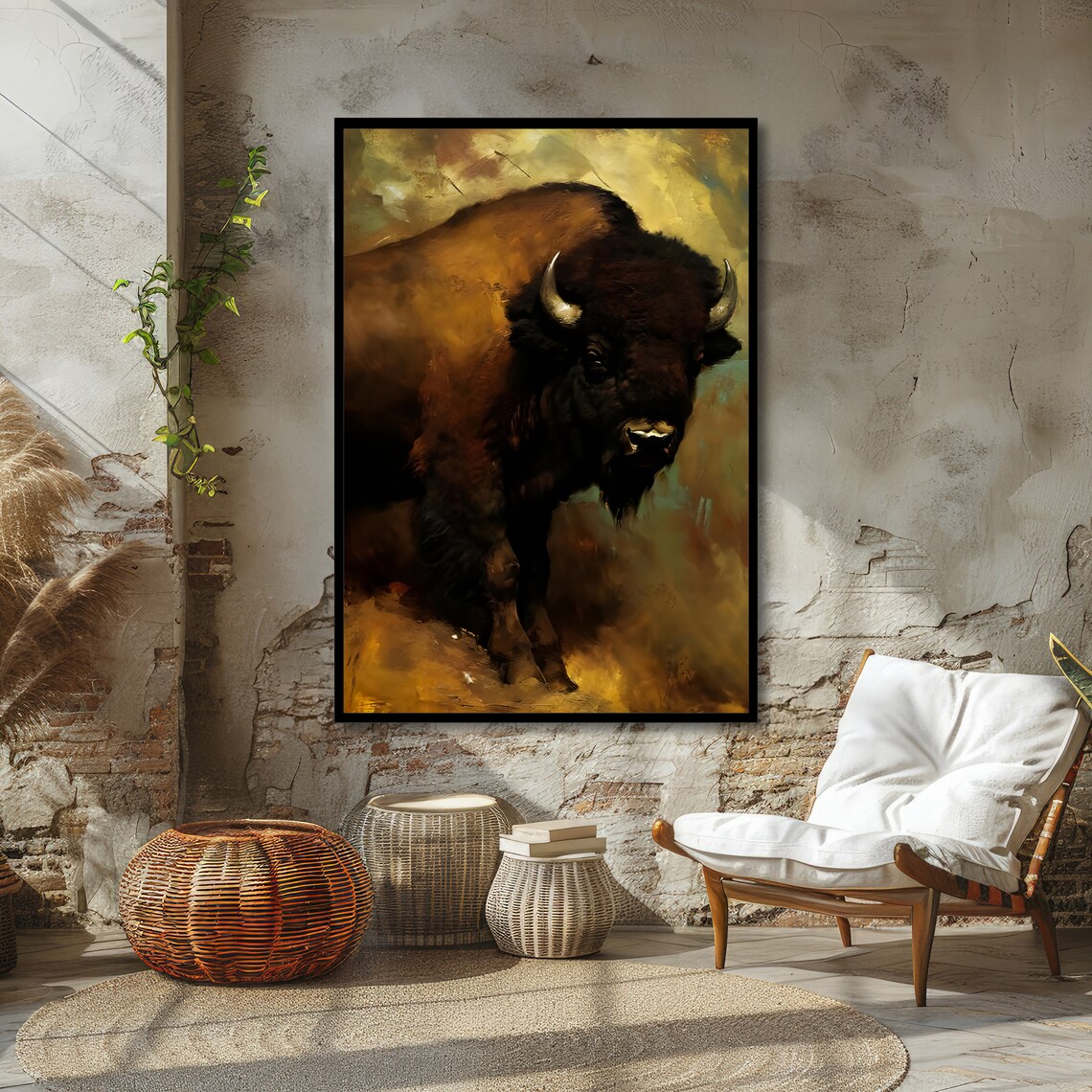 Majestic Bison Dark Portrait Golden Rustic Wildlife Painting Poster - Image 4