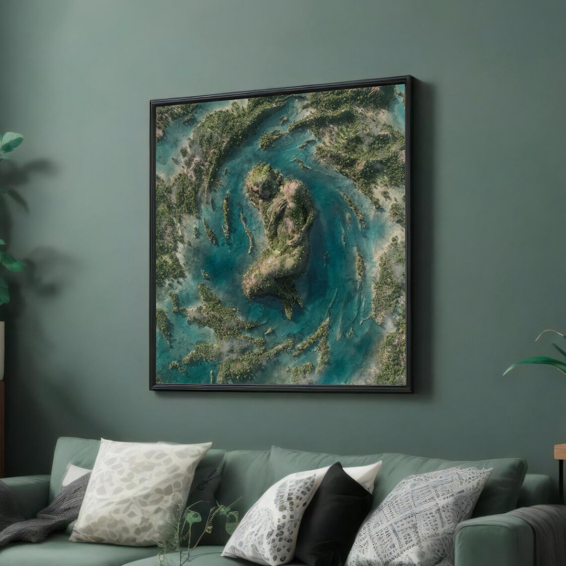 Aerial Turquoise Lagoon Around a Figure-Shaped Green Island Art Poster