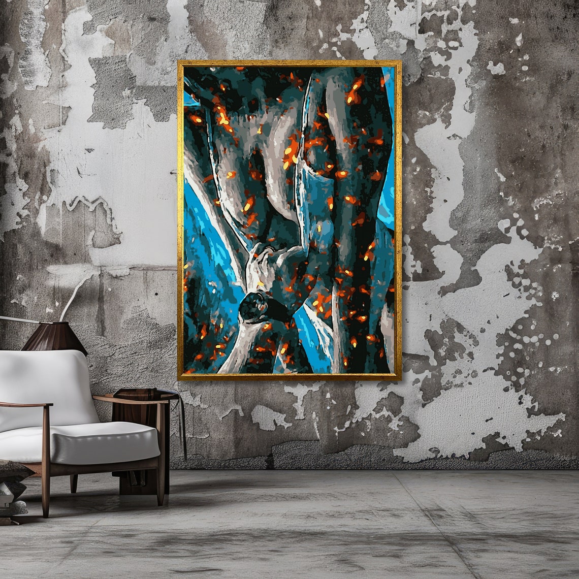 Erotic Embrace Abstract Lovers Entwined in Blue and Orange Art Poster - Image 3