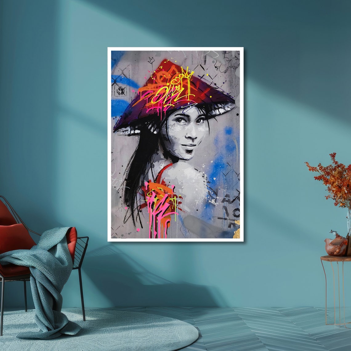 Graffiti Geisha Wearing a Colorful Hat Urban Street Art Poster - Image 6
