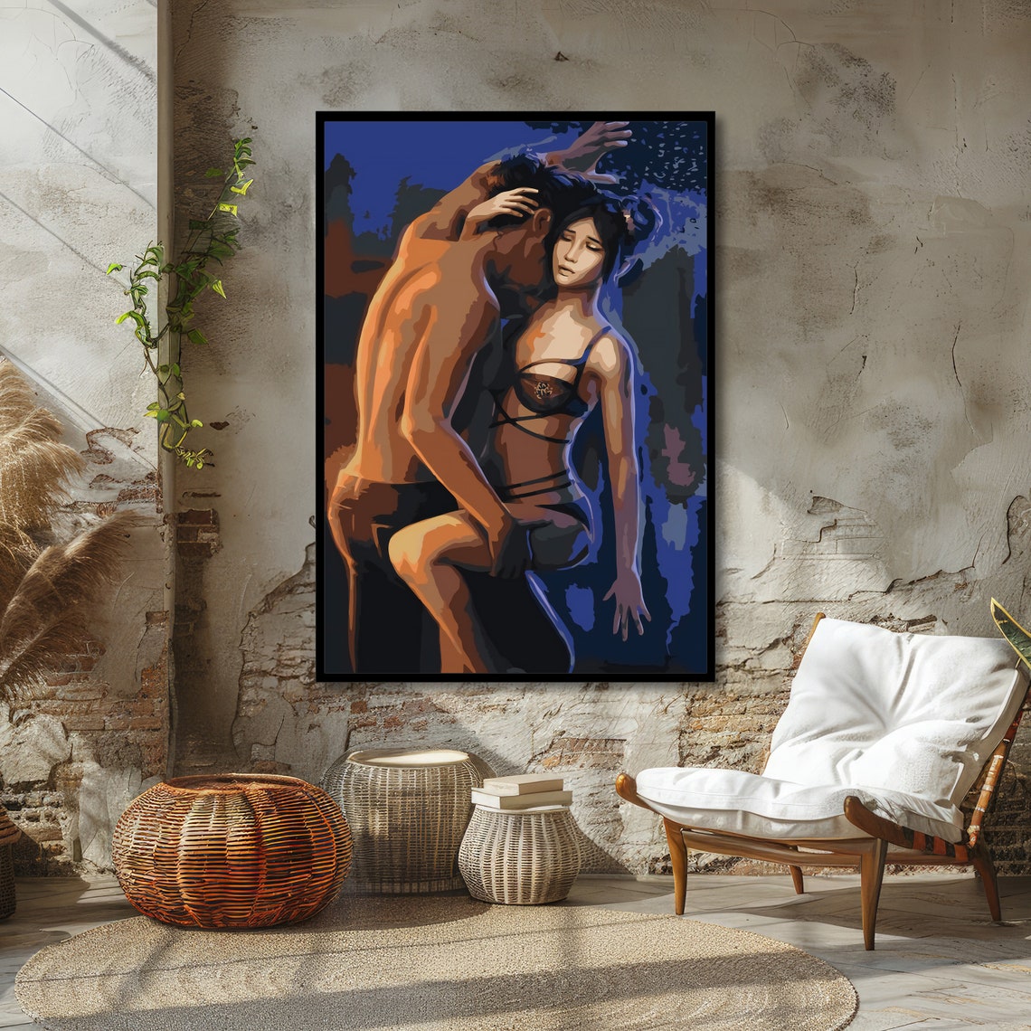 Passionate Couple Embrace Under Moonlight Romantic Art Poster - Image 4