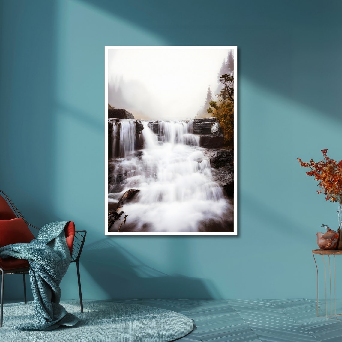 Misty Waterfall Cascading Through Foggy Rocks Serene Nature Poster - Image 6