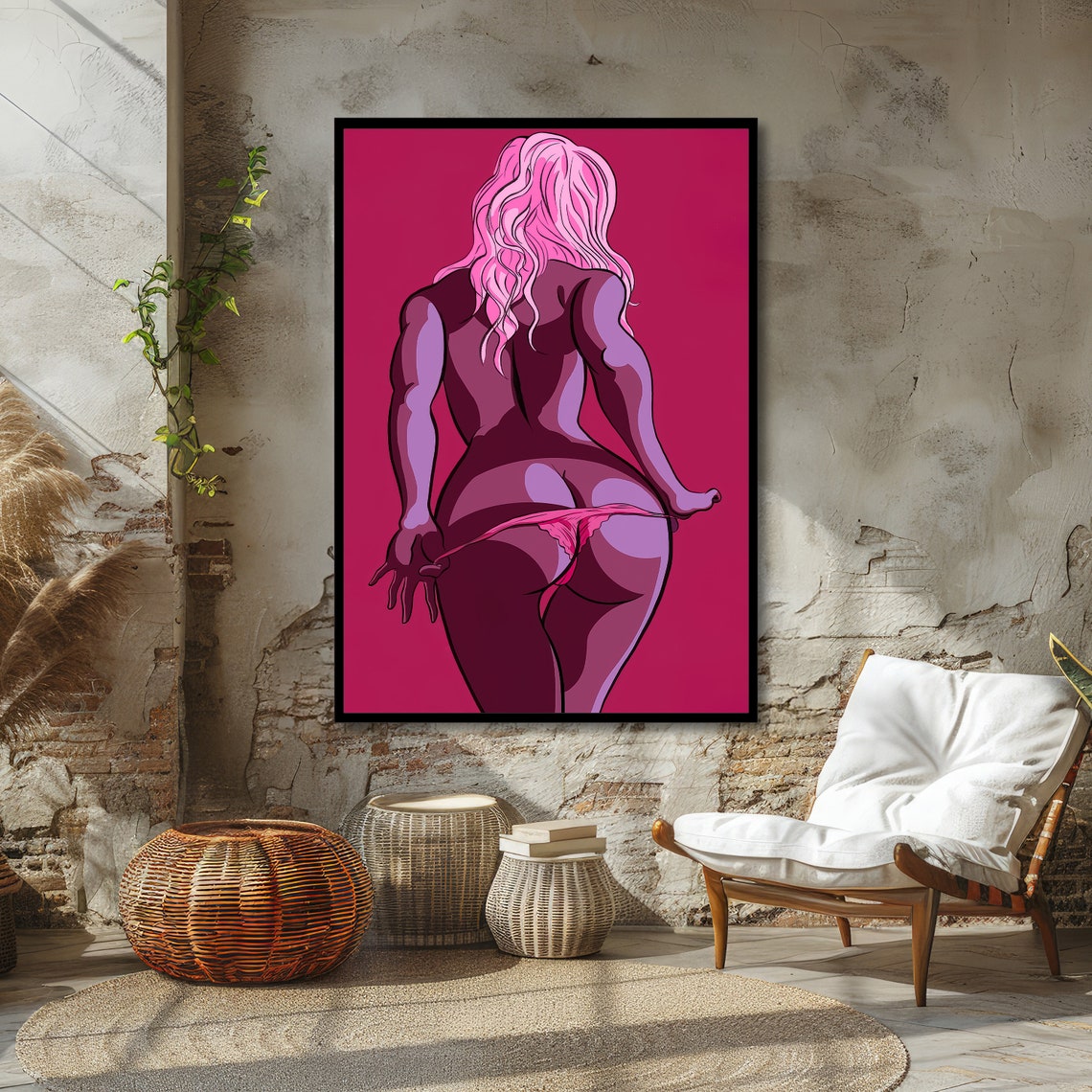 Pop Art Woman Back View in Pink and Magenta Bold Wall Poster - Image 3