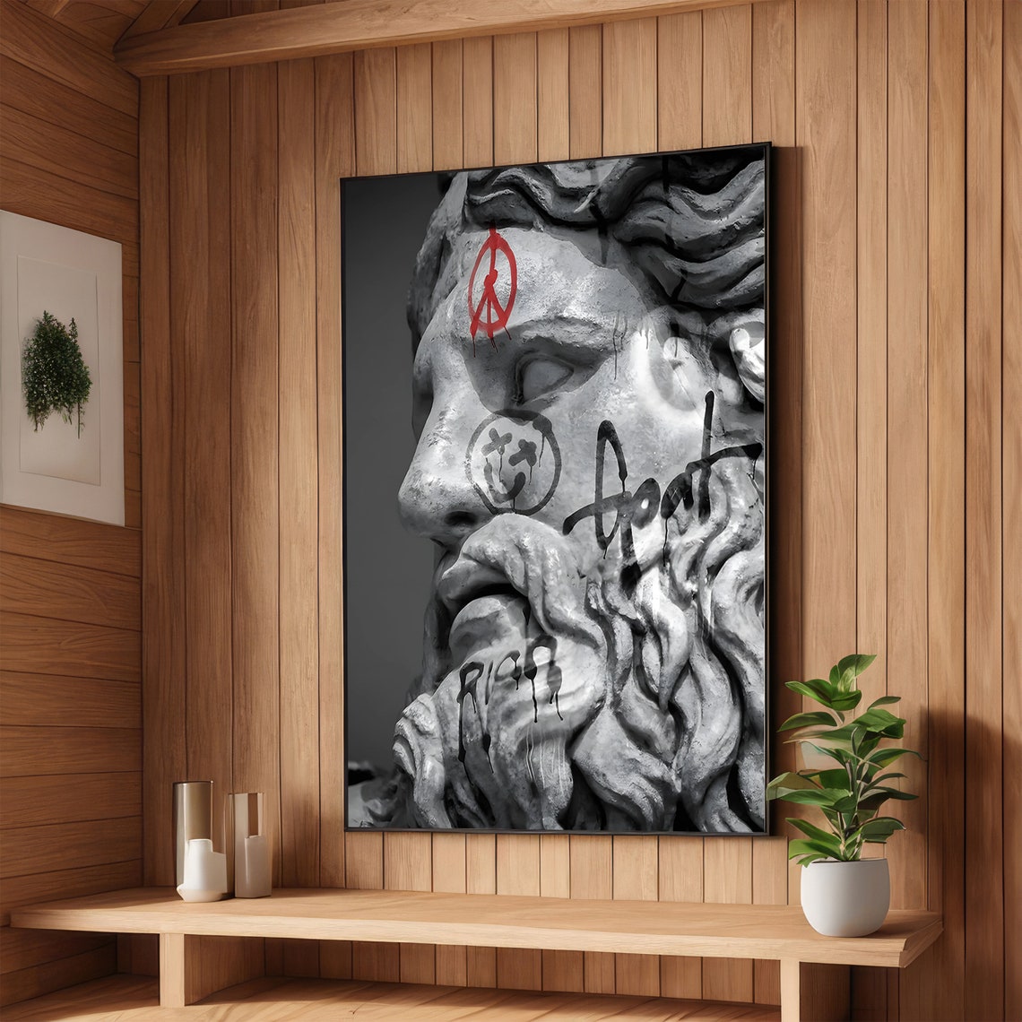 Graffiti Zeus Statue Head with Red Peace Sign Urban Street Art Poster