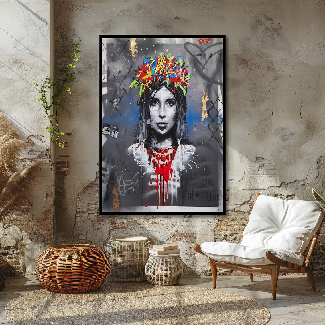 Graffiti Girl With Flower Crown Urban Street Art Portrait Poster - Image 4