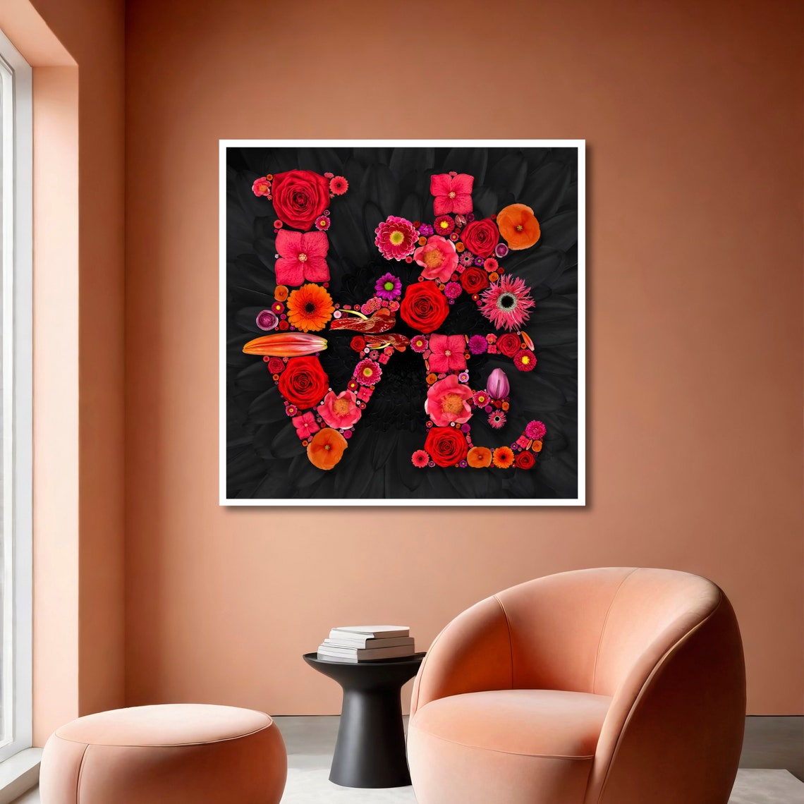 LOVE Word Formed Entirely From Red and Pink Blooms on Black Art Poster - Image 6