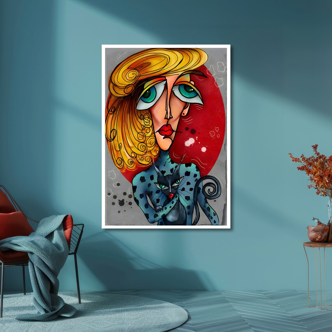 Abstract Cubist Woman With Black Cat Golden Hair Bold Art Poster - Image 6
