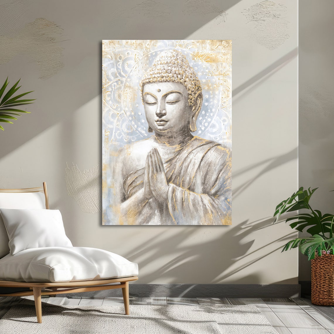 Serene Praying Buddha White Gold Mandala Spiritual Calm Poster - Image 3