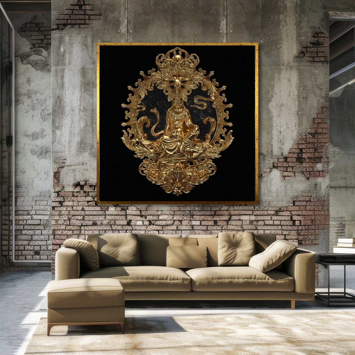 Golden Guanyin Ornate Relief Sculpture Glowing on Black Background Art Poster - Image 3