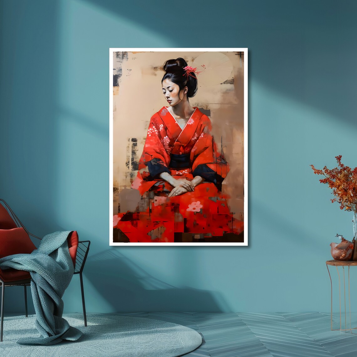 Seated Geisha in Red Kimono Elegant Serene Japanese Art Poster - Image 6