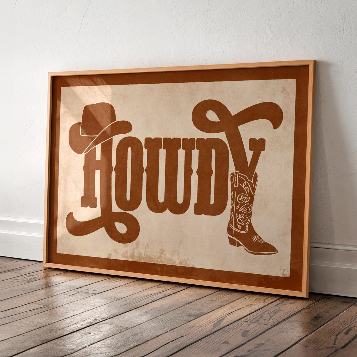 Distressed Brown Howdy Cowboy Hat and Boot Western Decor Poster