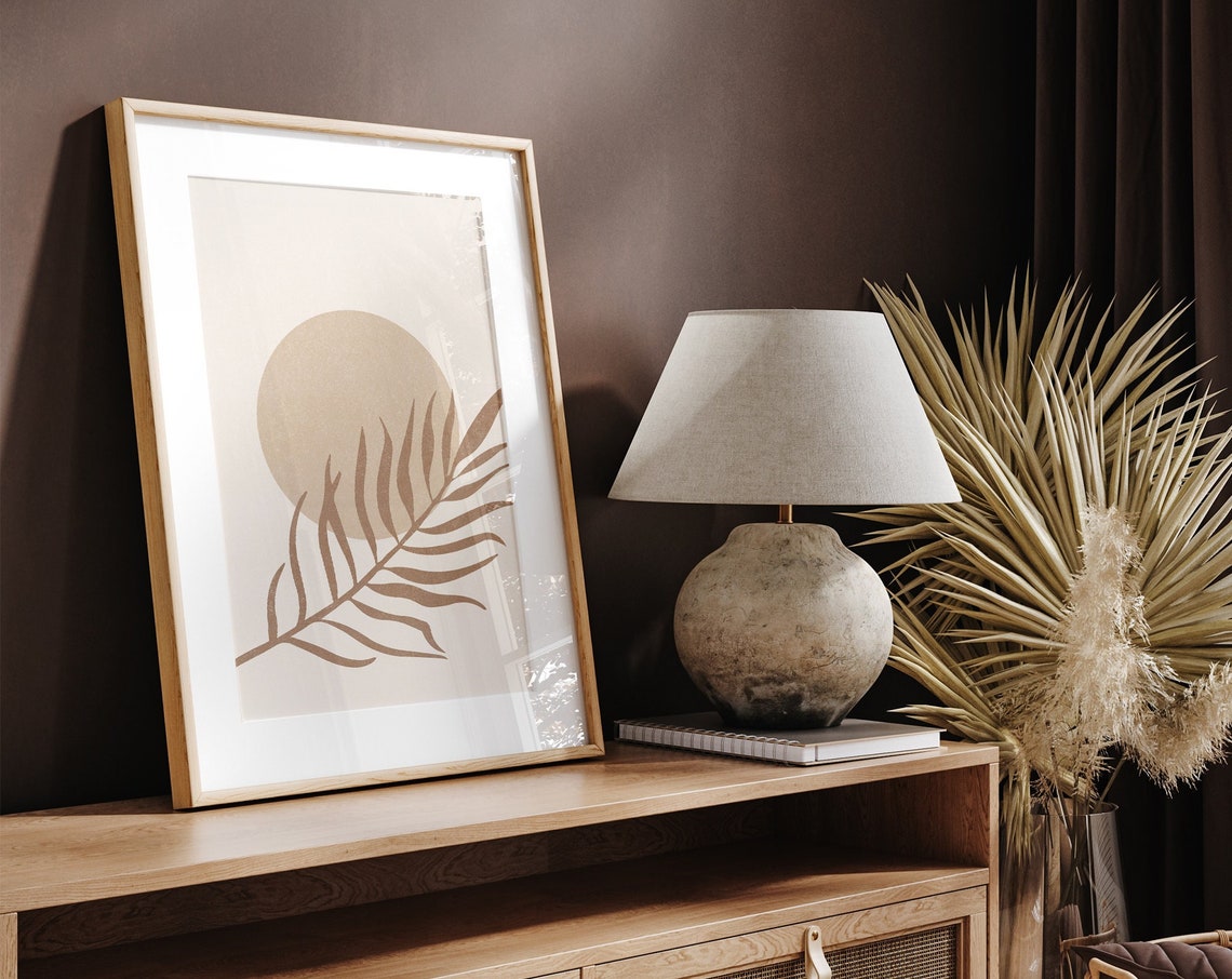 Boho Leaf Sun Minimal Line Art Neutral Beige Modern Decor Poster
