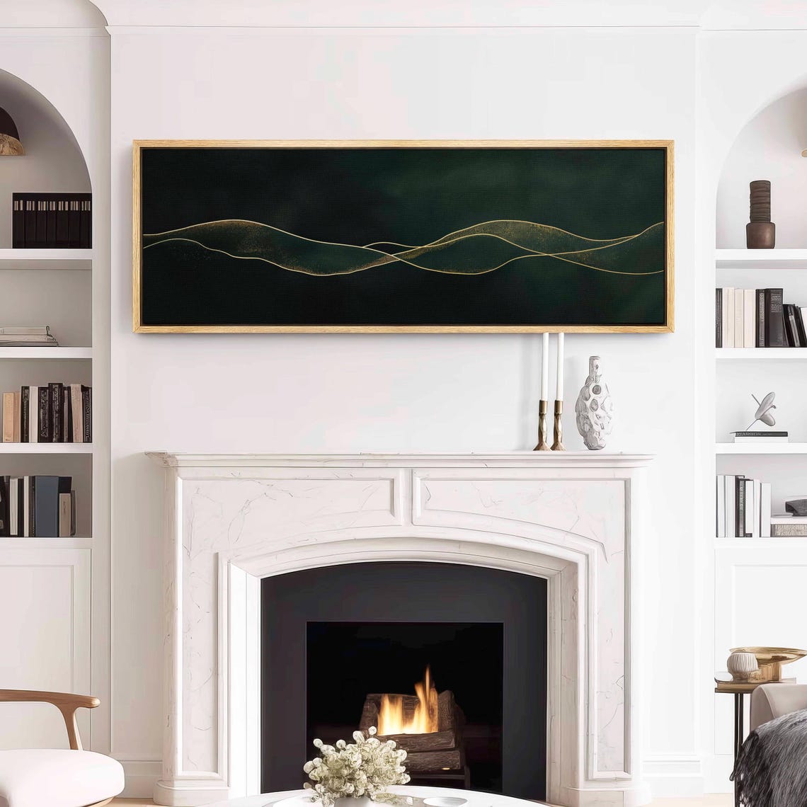Gold Mountain Lines Dark Green Minimalist Abstract Panoramic Art Print - Image 3
