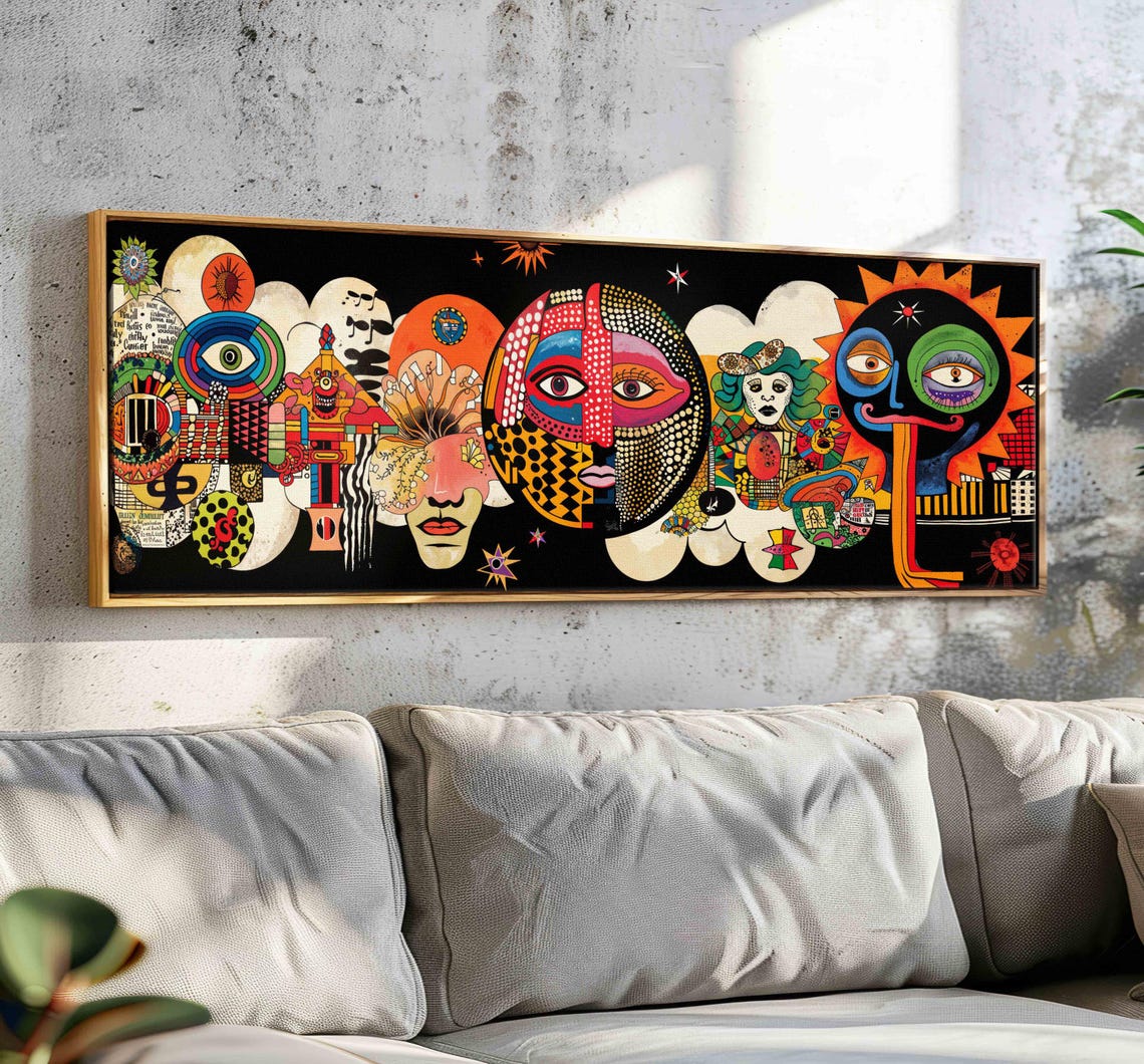 Surreal Pop Art Faces Collage Colorful Sun Eyes Black Wall Art