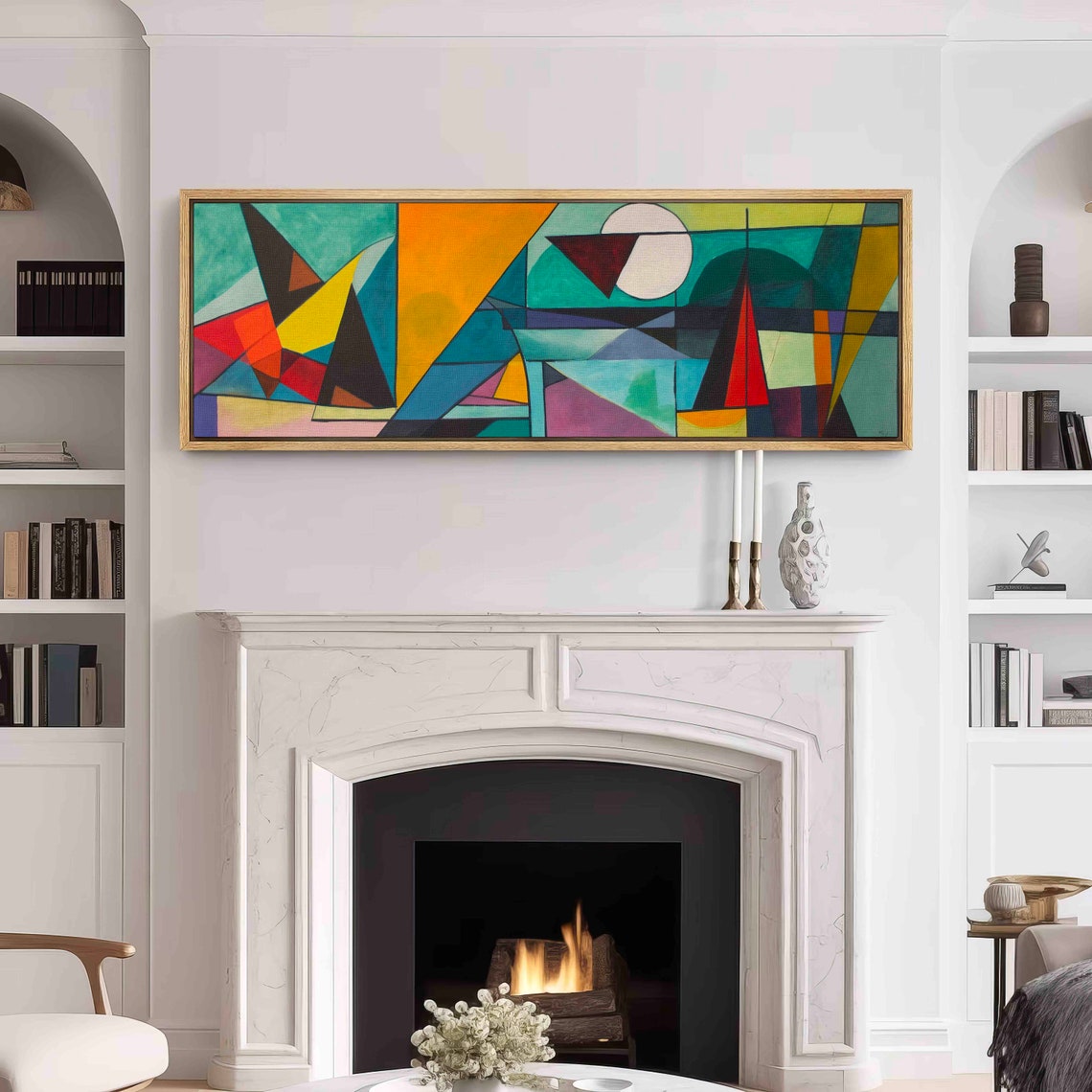 Mid Century Geometric Abstract Teal Orange Triangles Cubist Wall Art - Image 3