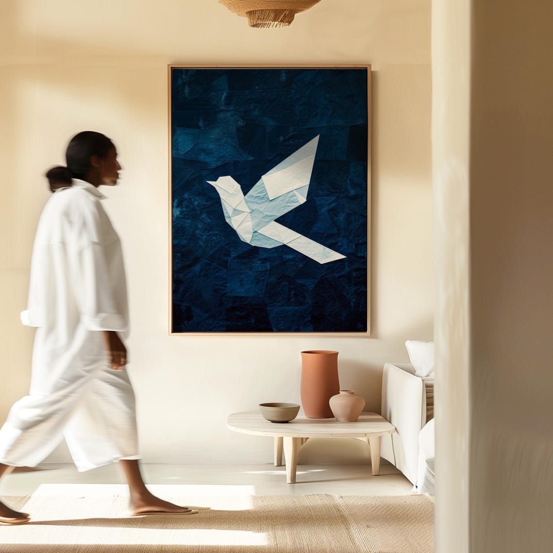 White Origami Bird on Deep Navy Textured Background Minimal Wall Art - Image 4