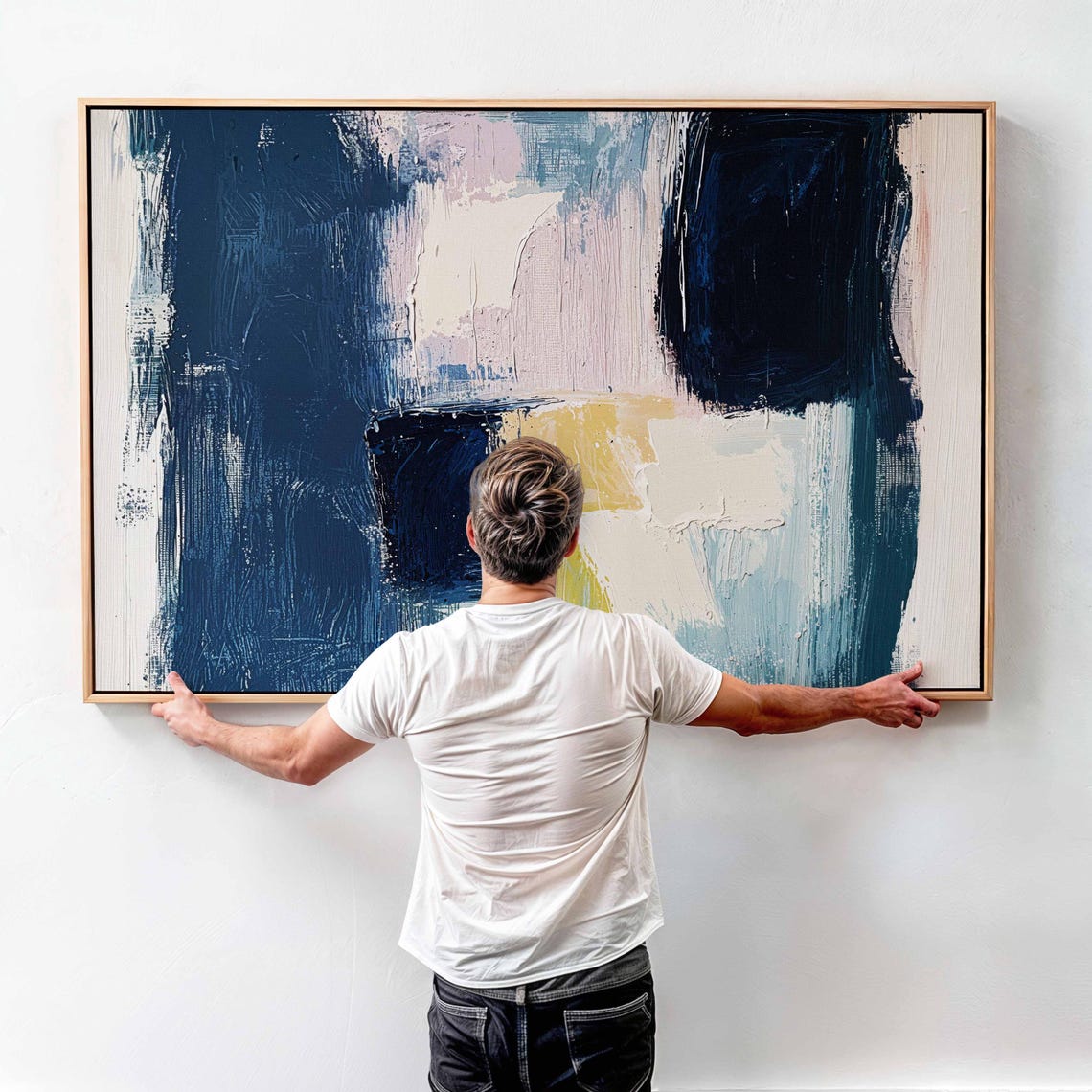 Abstract Navy Blue Cream Textured Modern Block Painting Poster - Image 3