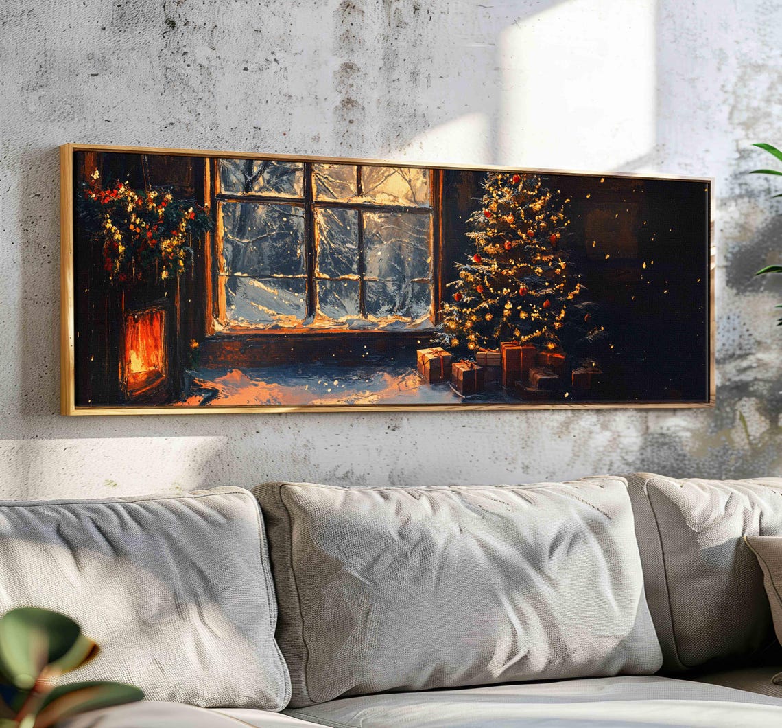 Cozy Christmas Night Lit Tree Fireplace Snowy Window Painting Wall Art
