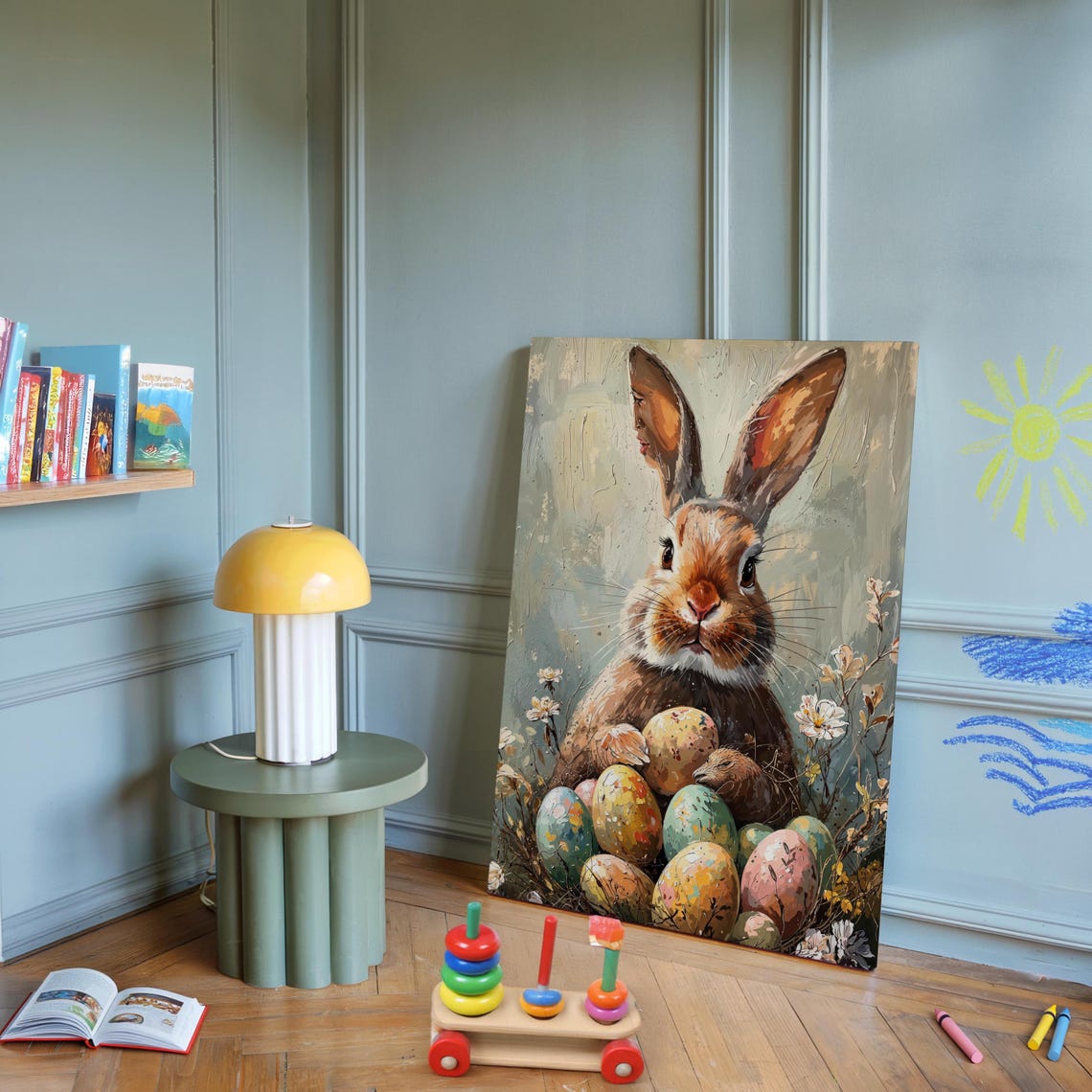 Brown Easter Bunny Holding Speckled Eggs Wildflower Meadow Art Poster - Image 2