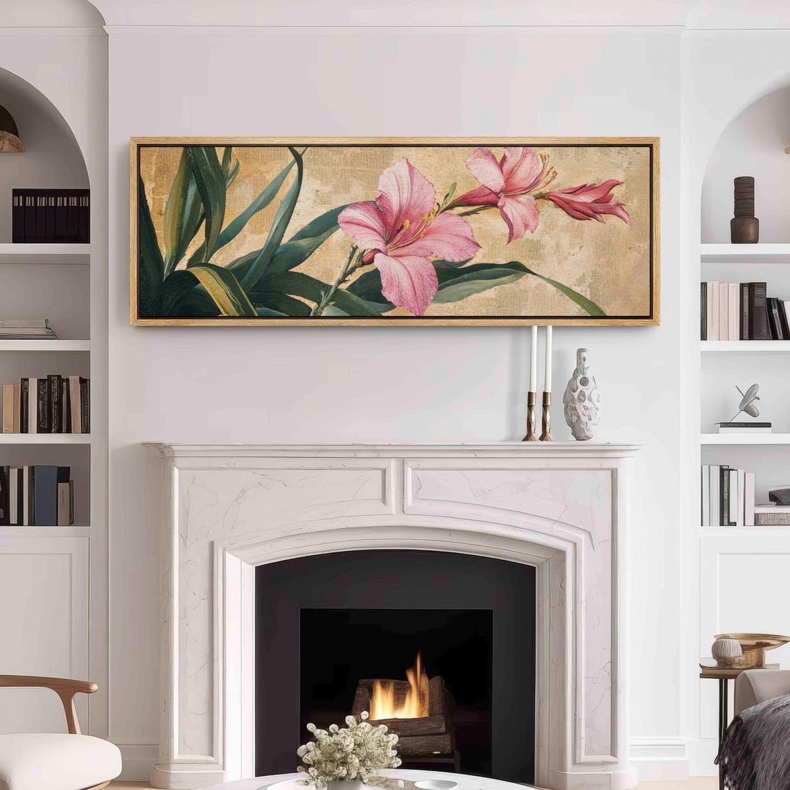 Pink Amaryllis Blossoms on Gold Vintage Botanical Floral Wall Art - Image 3