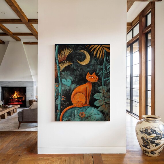 Orange Cat Under Crescent Moon Night Jungle Framed Wall Art Print