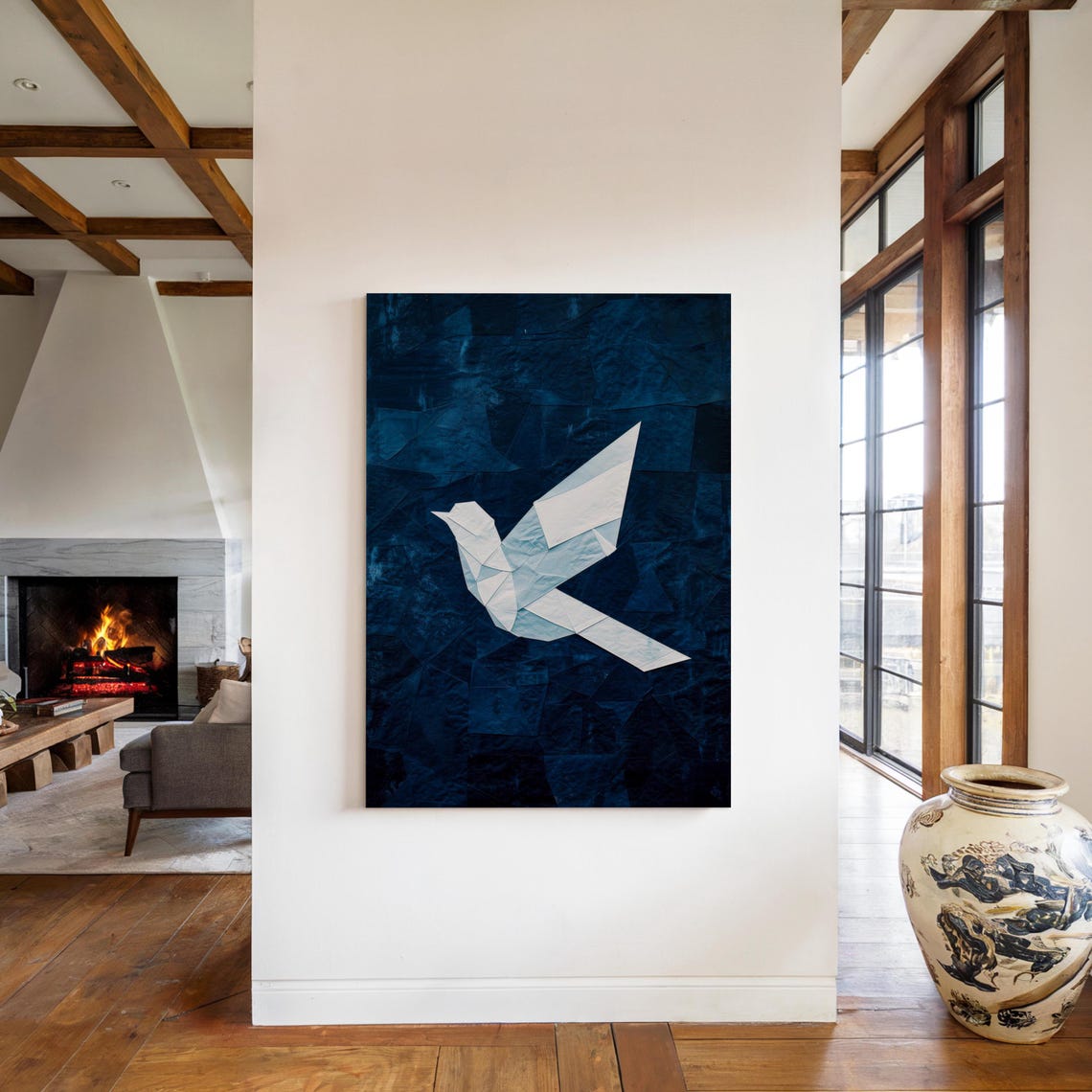 White Origami Bird on Deep Navy Textured Background Minimal Wall Art
